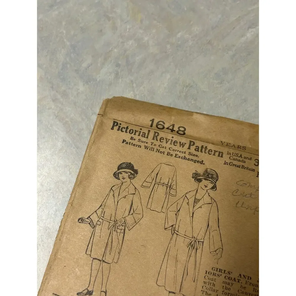 Antique 1920's Pictorial Review Pattern #1648 Girls/Juniors Coat‎ HTF RARE